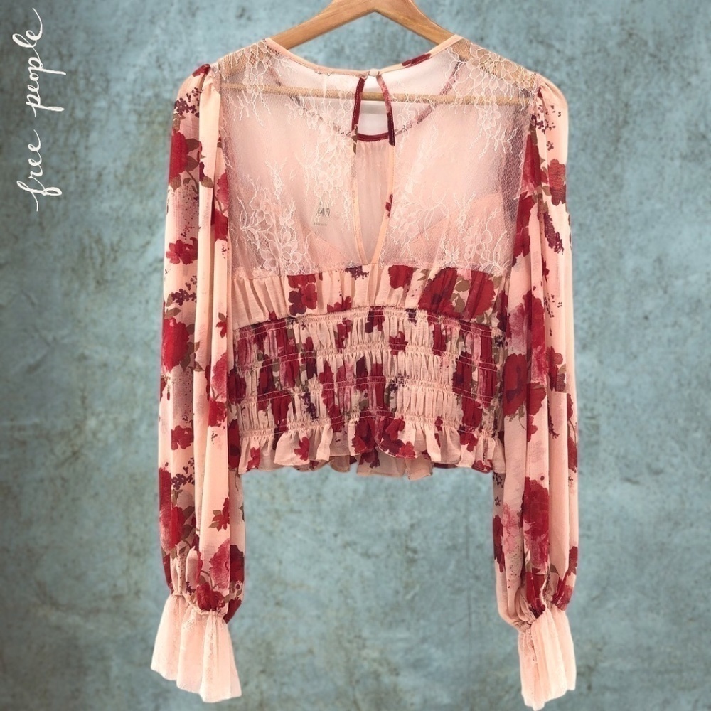FREE PEOPLE Daphne Rose/Floral Long Sleeve Sheer Lace Ruched Blouse-Sm NWT - Picture 13 of 16